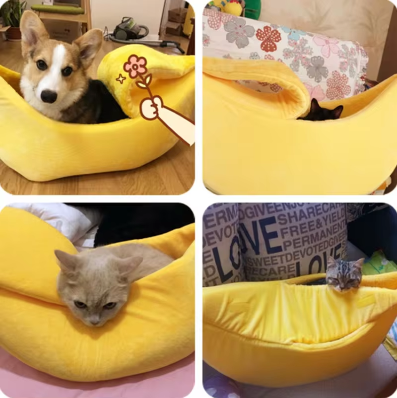 Banana-Shaped Pet Bed for Cats & Dogs, Super Soft Plush, 2 cm Thick Sponge, 4 Sizes